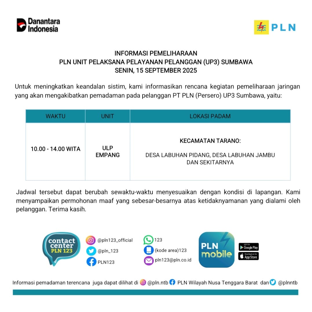 Info pemadaman listrik Senin 15 September 2025